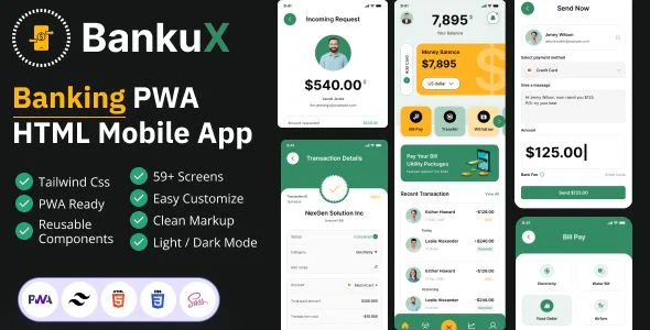 Bankux - Wallet Banking PWA HTML Mobile App Template