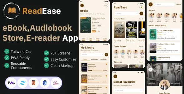 ReadEase - Ebook Store Reader App UI Kit (Tailwind CSS + PWA)