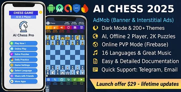 AI Chess 2025 - Online PvP +Chat｜Offline PvP +AI｜2K+ Puzzles｜Custom Game｜Music｜Themes｜16 Langs｜AdMob