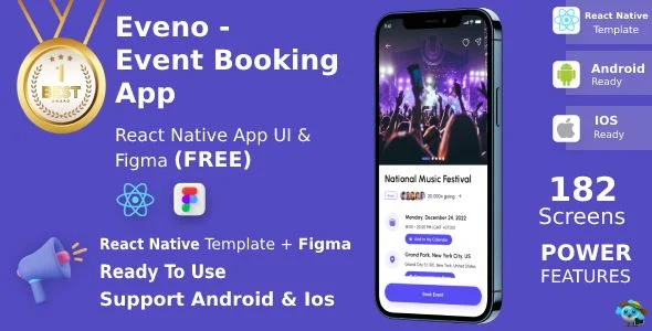 All Event Booking App | UI Kit | React Native Expo | Figma FREE | Life Time Update | Eveno