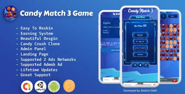 Candy Match 3 Game with Earning System and Admin Panel + Landing Page