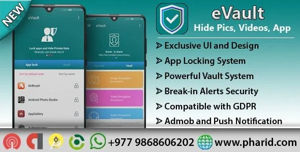 eVault - Hide Pics, Videos with AppLocker | Beautiful UI, Ads Slider, Admob, Push Notification