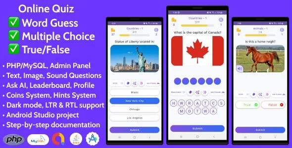Online Quiz | Multiple Choice + True/False + Word, Sound, Image Guess for Android with Admin Panel