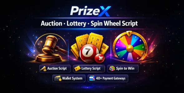 PrizeX - All-in-One Auction, Lottery & Mystery Box Platform (PHP, Wallet, Multi-Vendor, 40+ Gateways