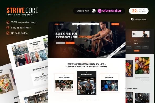 StriveCore Fitness & Gym Elementor Template Kit for Workout Studios, Personal Trainers, Health Clubs