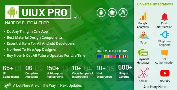 UIUX PRO - Android Material Design UI Components, App Screens, Code Snippets, App Skins & Mini Apps