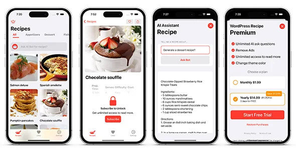 AI Recipe iOS WordPress App - AI Assistant - SwiftUI iOS Full Application