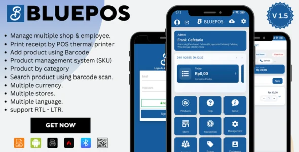 BluePOS - Android POS (SaaS, Offline/Online, Multi-Store, Role Access, API, Bluetooth Printer)