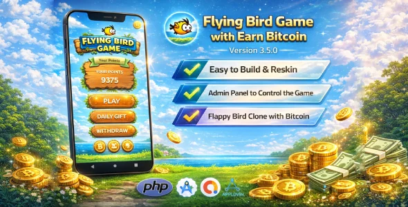 Flying Bird Game - Play to Earn Bitcoin with Admin Panel and Admob