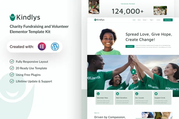 Kindlys - Charity Fundraising & Volunteer Elementor Template Kit