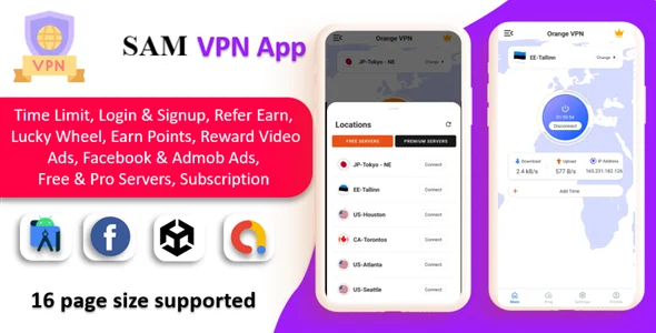 SAM VPN App – Secure VPN and Fast Servers VPN | Reward Video Ads | Subscription | Admob & FB Ads