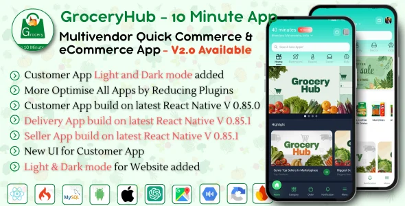 GroceryHub – 10 Minute App Multivendor Quick Commerce & eCommerce App | AI Insight | Multi Cart
